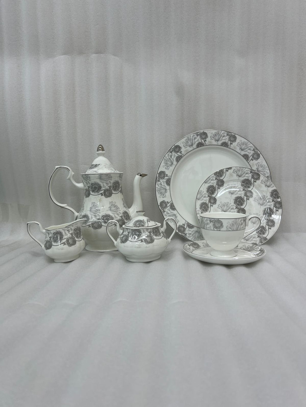 Elegant Silver Floral Bone Tea Set