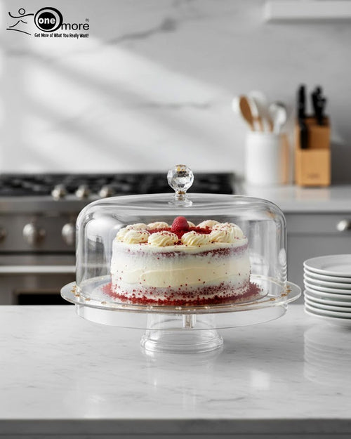 2-in-1 Acrylic Cake Stand & Sectional Dry Fruit Serving Tray with Crystal Lid