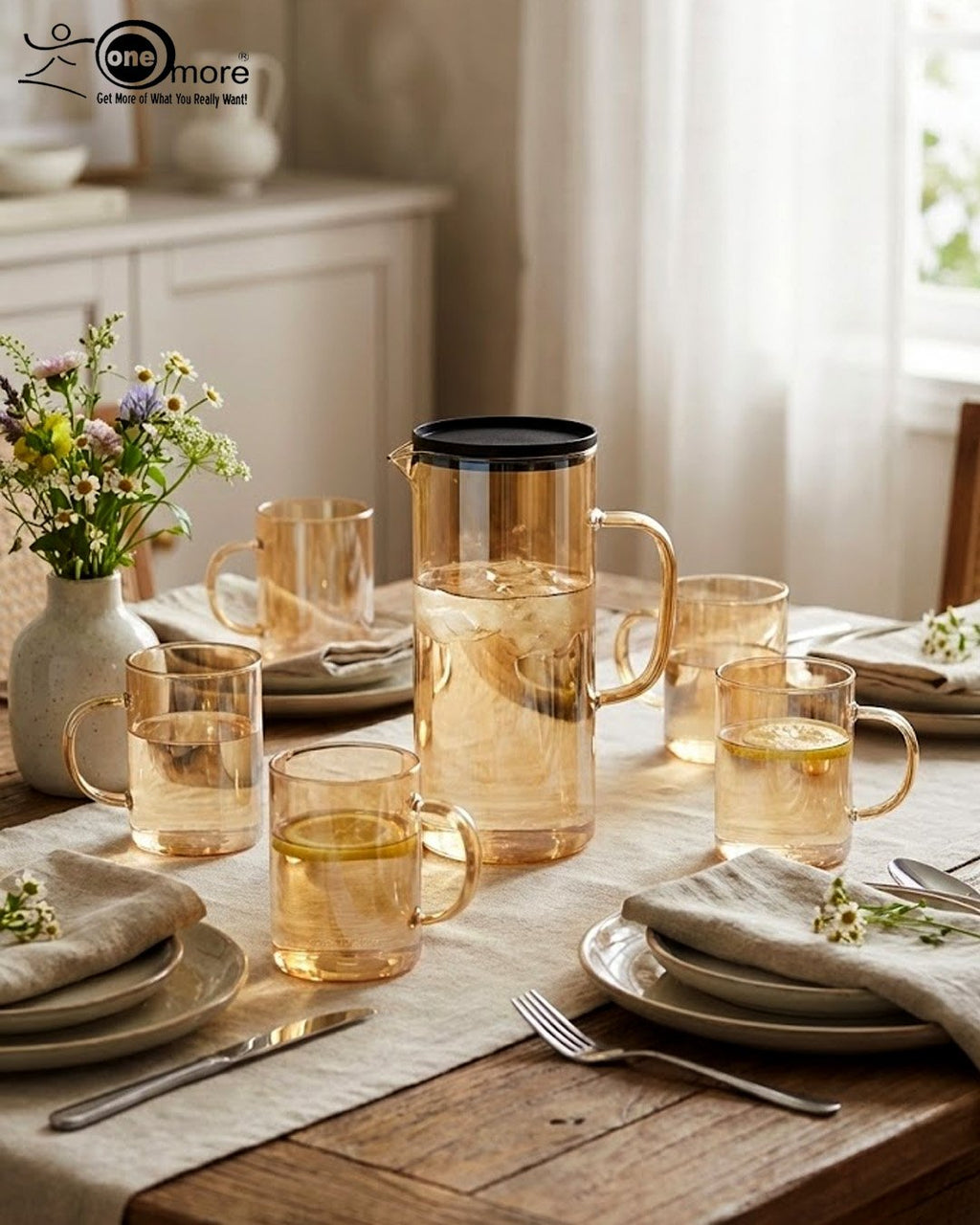 Modern Lightweight Amber Glass Water Pitcher and 6-Piece Mug Set with Filter Lid