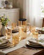 Modern Lightweight Amber Glass Water Pitcher and 6-Piece Mug Set with Filter Lid