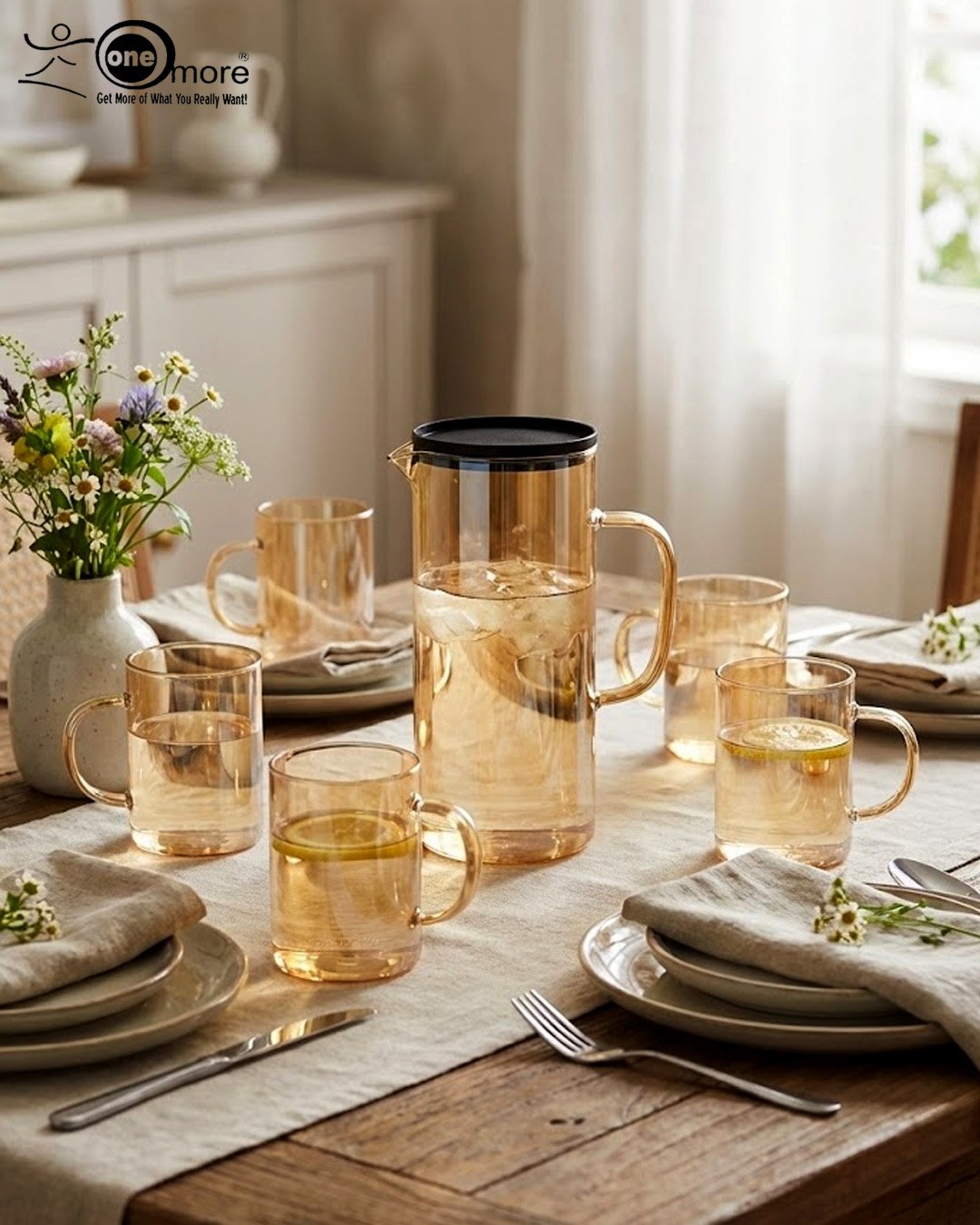 Modern Lightweight Amber Glass Water Pitcher and 6-Piece Mug Set with Filter Lid