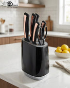 OneMore 7-Piece Knife Set with Elegant Rose Gold & Black Handles and Modern Knife Block