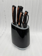 OneMore 7-Piece Knife Set with Elegant Rose Gold & Black Handles and Modern Knife Block