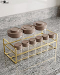 Glass Spice Jar Set with Gold Metal Rack and Brown Lids