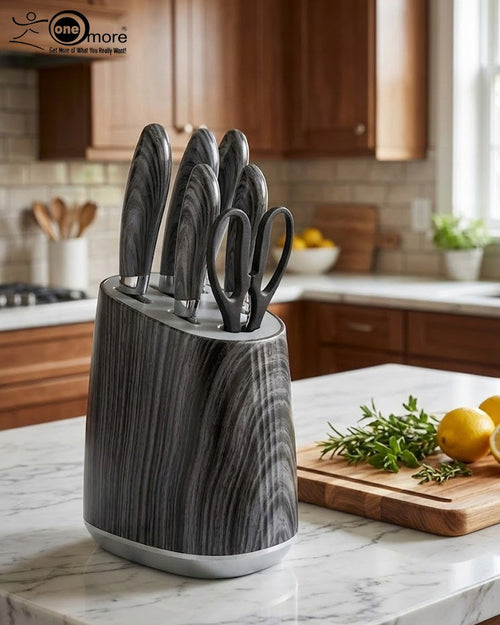 6-Piece Charcoal Wood-Grain Knife Set with Universal Block