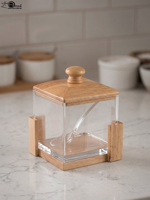 Acrylic Sugar Pot with Wooden Lid & Base Frame