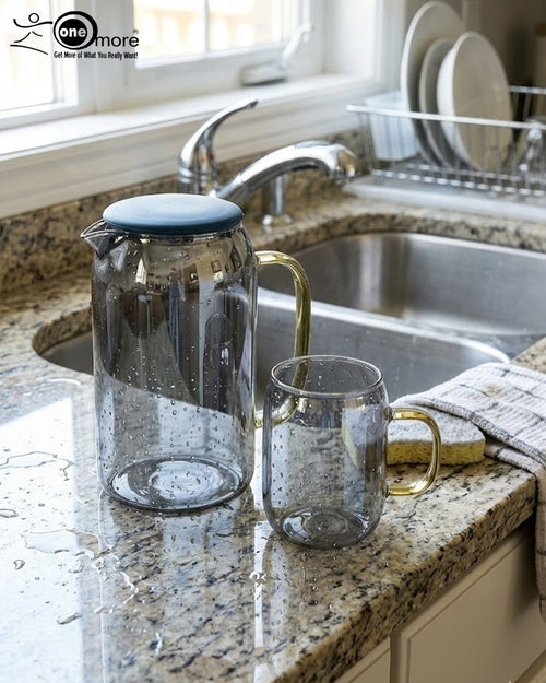 7-Piece Smoky Grey Glass Water Set – Heat-Resistant Pitcher with 6 Mugs and Gold Handles