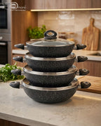 Premium Black Granite Non-Stick Wok with Glass Lid (24cm - 30cm) | Double Handle WOK by One More