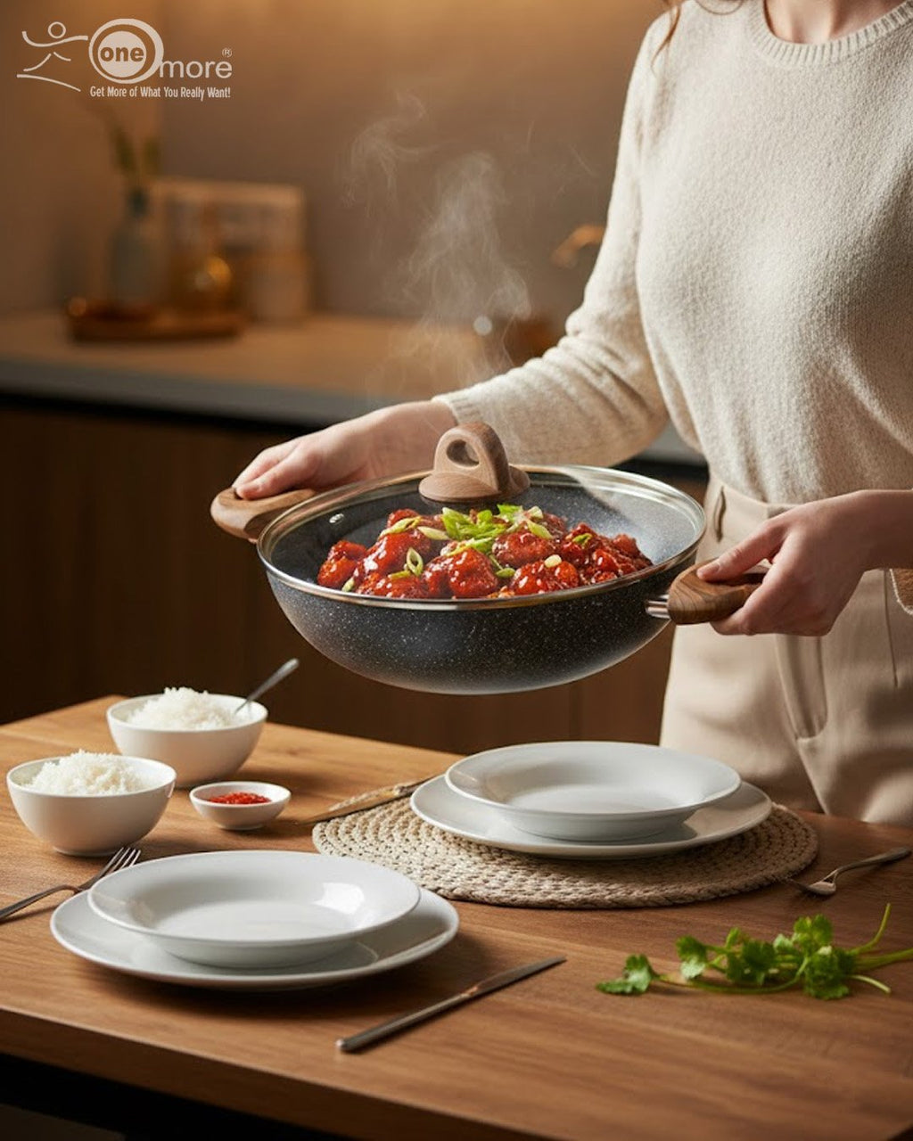 One More Premium Granite Non-Stick Wok | Double Handle Karahi | Grey Stone Texture (Available in 24cm - 30cm)