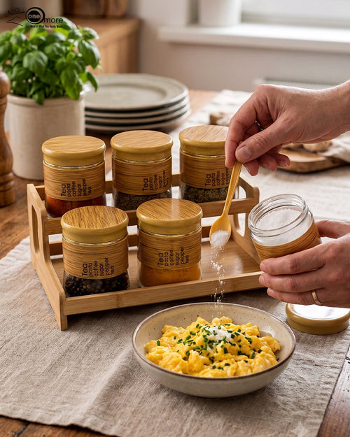 6-Piece Glass Spice Jar Set with Wooden Stand