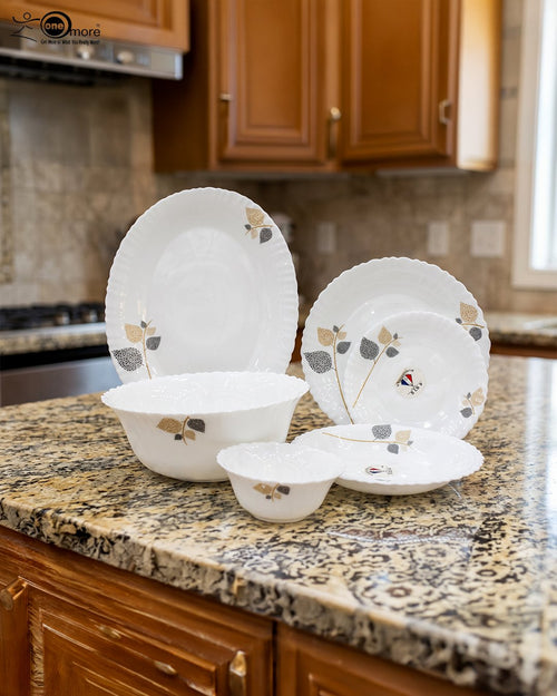 26-Piece Opalware Dinner Set – Elegant Leaf Design | Microwave & Dishwasher Safe