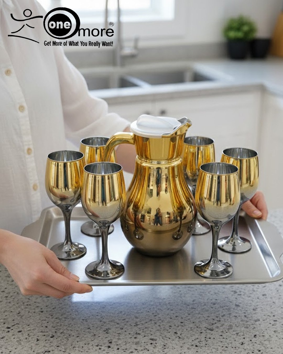 Gold &amp; Color Accent Water Pitcher &amp; Goblet Set
