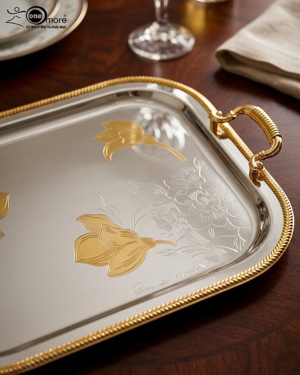 Stainless Steel Floral Serving Tray Set