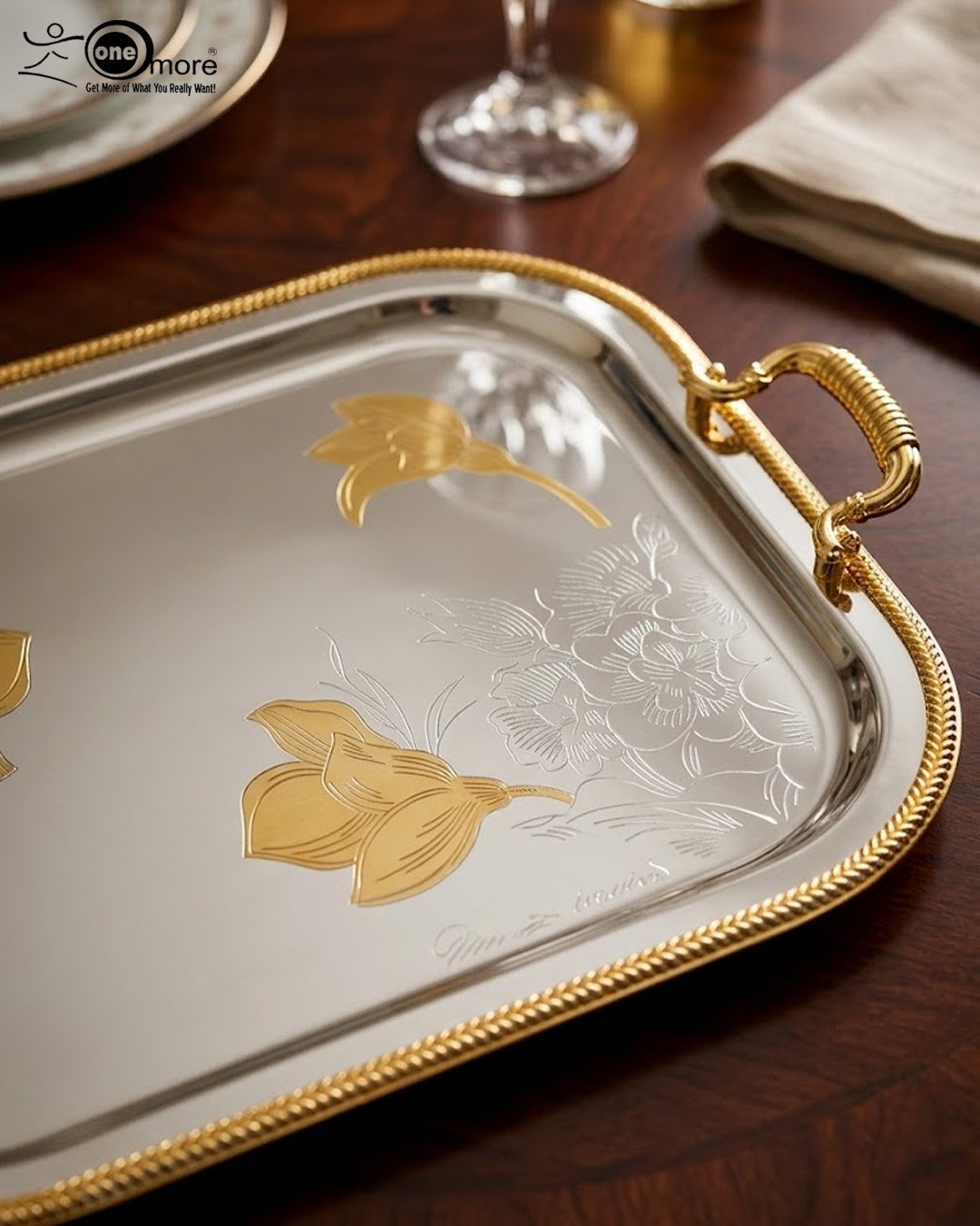 Stainless Steel Floral Serving Tray Set