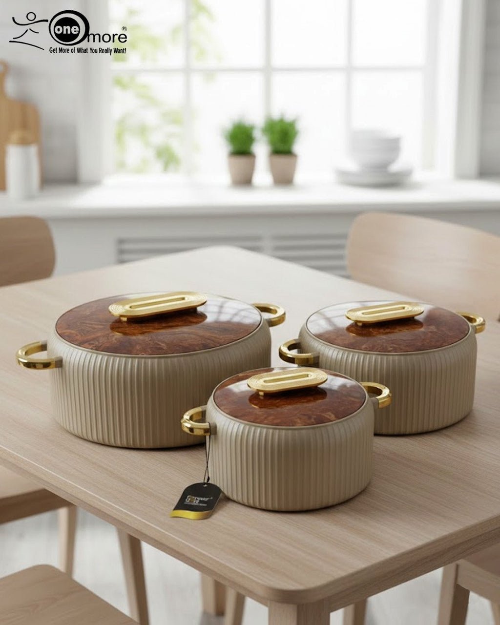 Elegant Marble & Wood Finish 3-Piece Insulated Hotpot Set