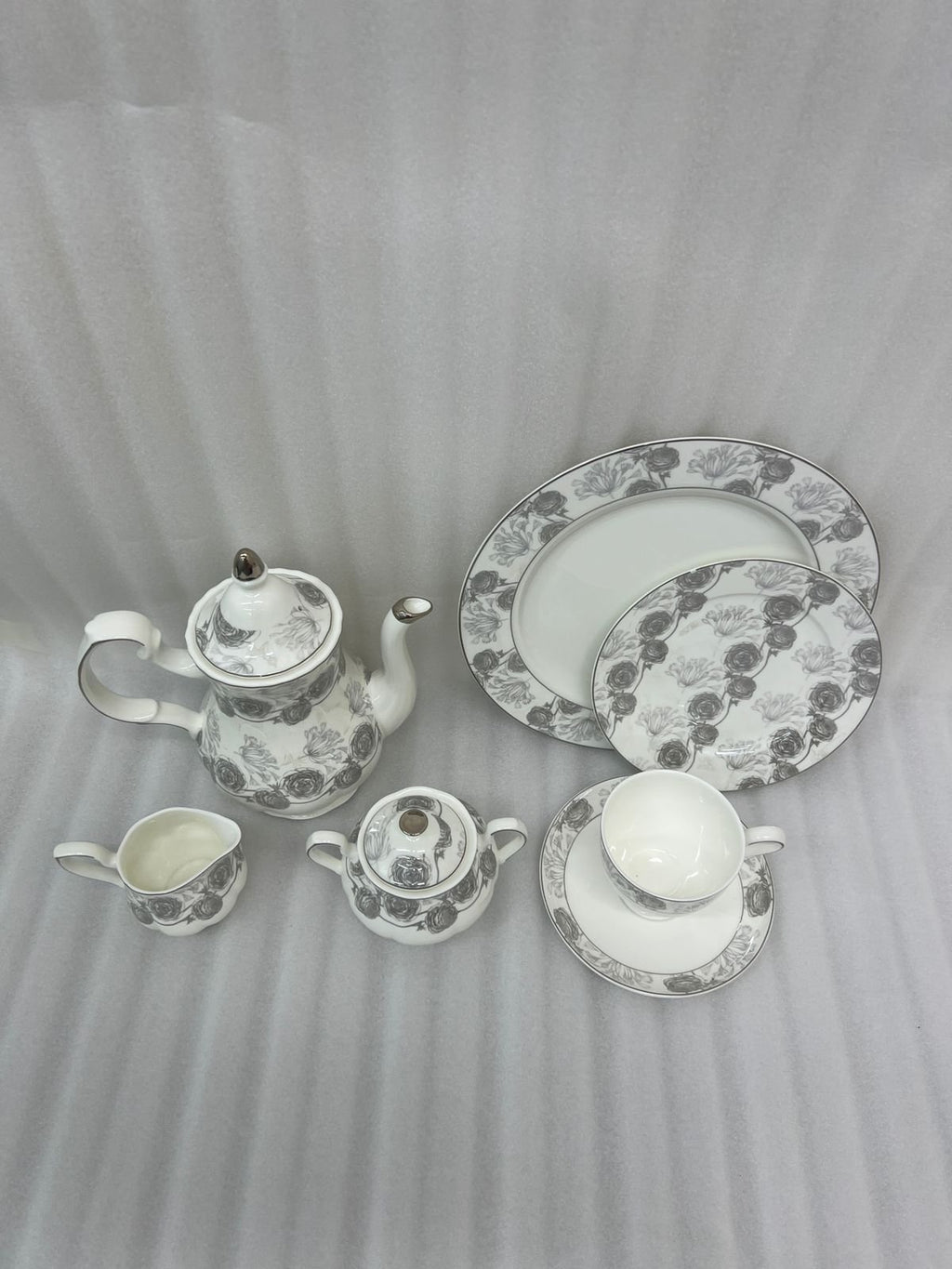 Elegant Silver Floral Bone Tea Set