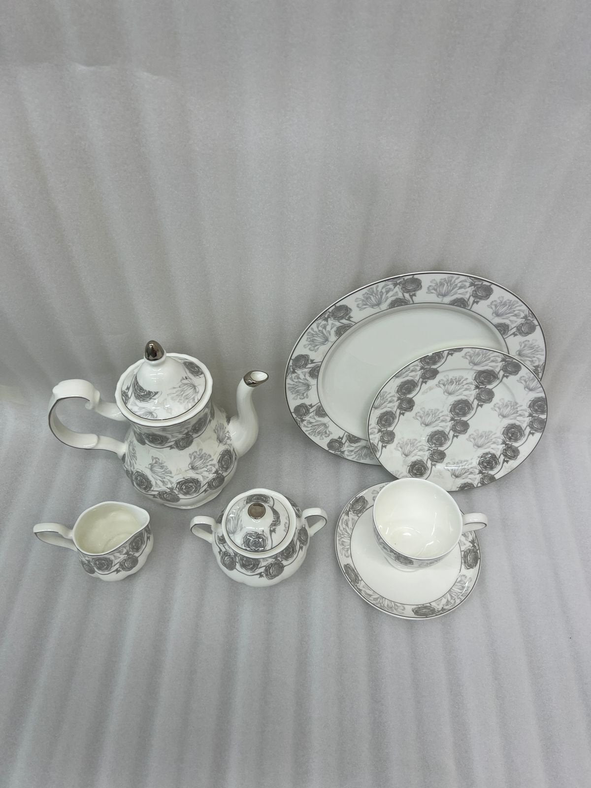 Elegant Silver Floral Bone Tea Set
