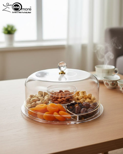 2-in-1 Acrylic Cake Stand & Sectional Dry Fruit Serving Tray with Crystal Lid