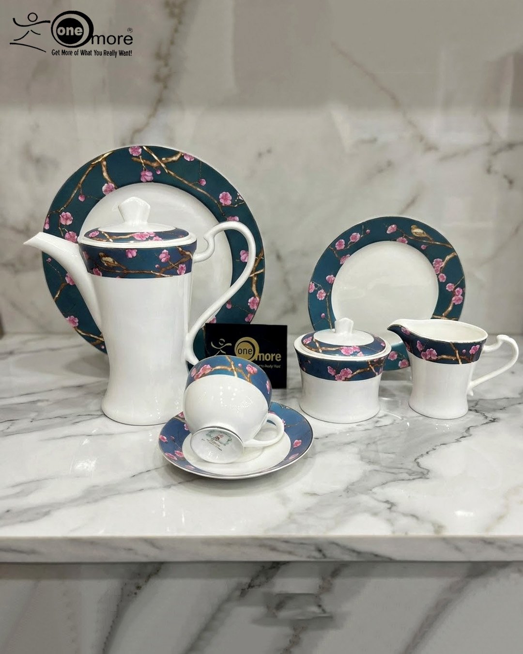 Cherry Blossom 24-Piece Ceramic Tea Set - Teal & White