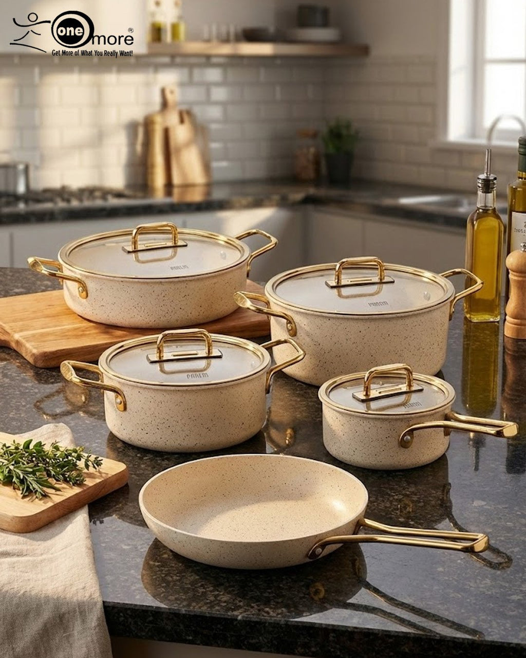 Falez Premium 9-Piece Granite Non-Stick Cookware Set – Creamy & Gold Edition (Made in Turkey)