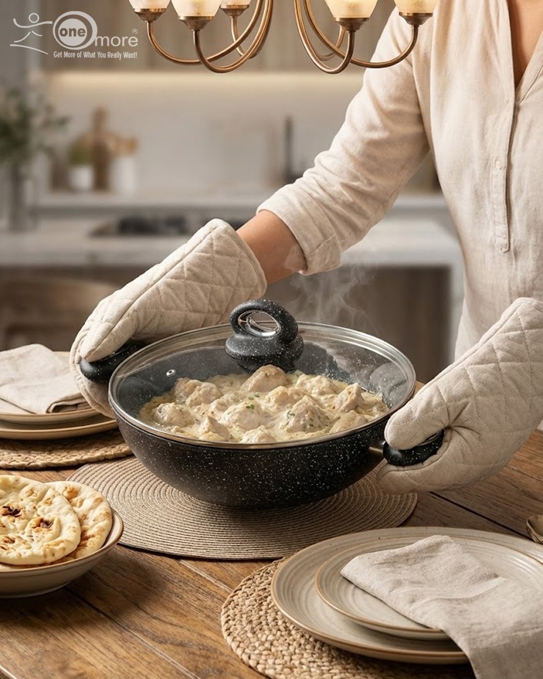 Premium Black Granite Non-Stick Wok with Glass Lid (24cm - 30cm) | Double Handle WOK by One More