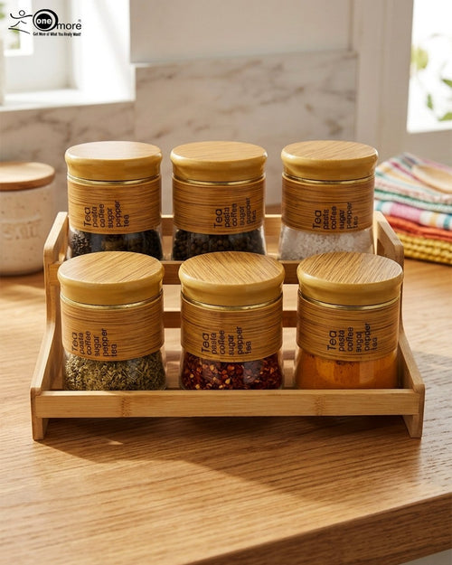6-Piece Glass Spice Jar Set with Wooden Stand