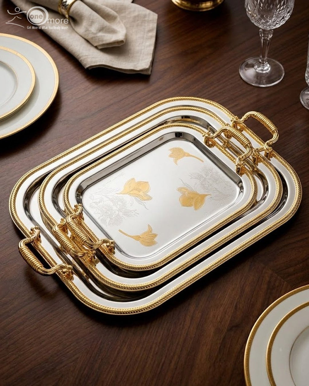 Stainless Steel Floral Serving Tray Set