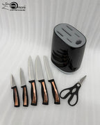 OneMore 7-Piece Knife Set with Elegant Rose Gold & Black Handles and Modern Knife Block