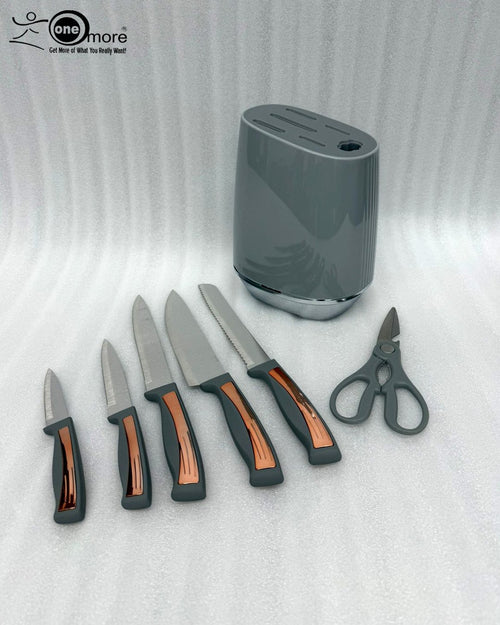 6-Piece Knife Set with Copper-Accent Handles and Grey Storage Block
