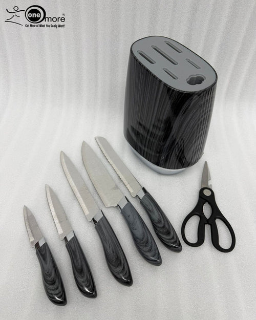 6-Piece Charcoal Wood-Grain Knife Set with Universal Block