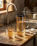 Modern Lightweight Amber Glass Water Pitcher and 6-Piece Mug Set with Filter Lid