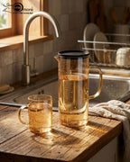 Modern Lightweight Amber Glass Water Pitcher and 6-Piece Mug Set with Filter Lid