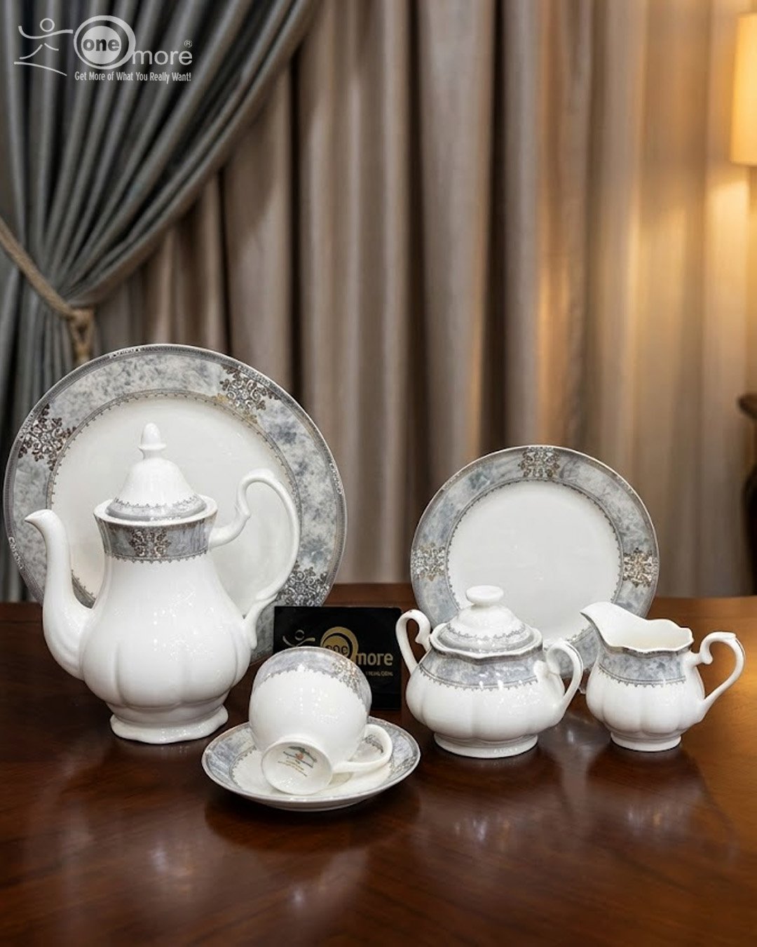 Royal Grey Marble & Silver 24-Piece Fine Porcelain Tea Set