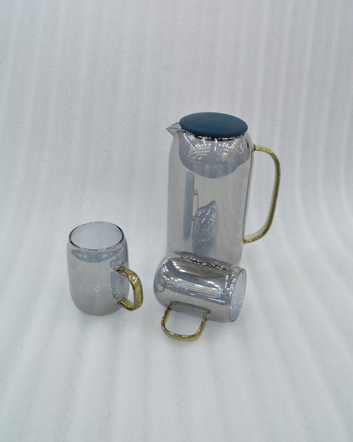 7-Piece Smoky Grey Glass Water Set – Heat-Resistant Pitcher with 6 Mugs and Gold Handles