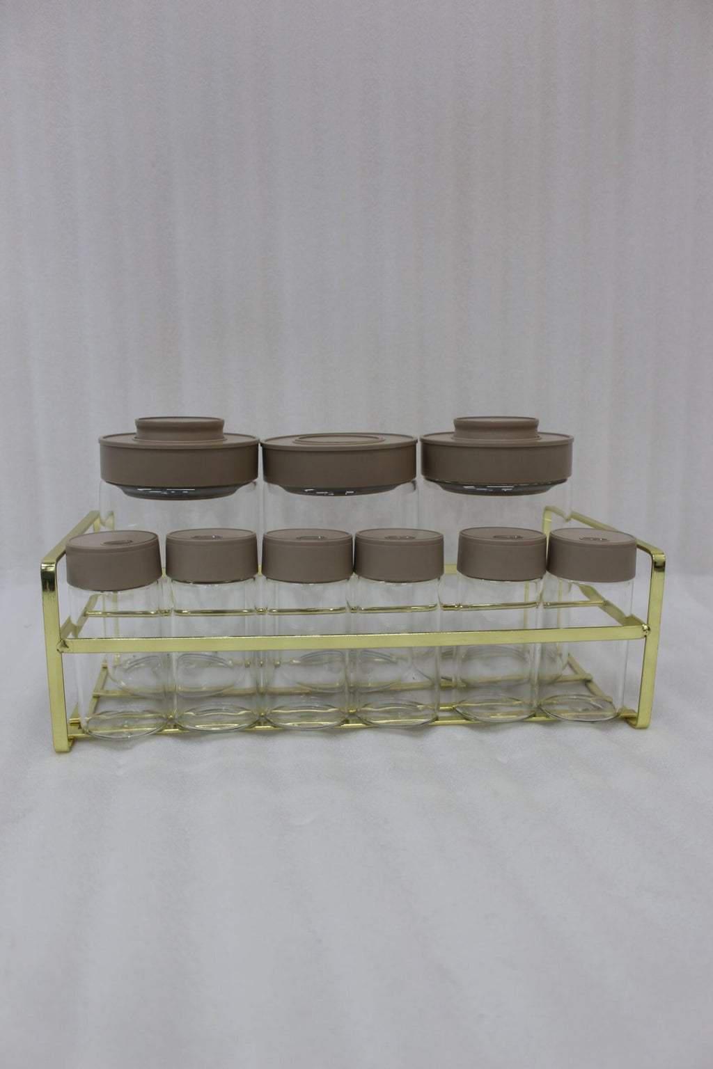 Glass Spice Jar Set with Gold Metal Rack and Brown Lids