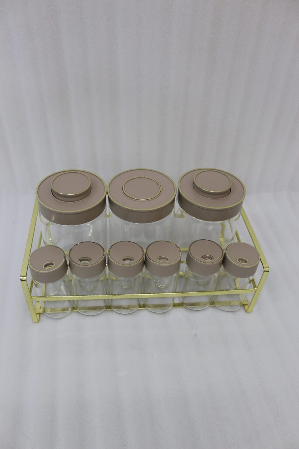 Glass Spice Jar Set with Gold Metal Rack and Brown Lids