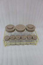 Glass Spice Jar Set with Gold Metal Rack and Brown Lids