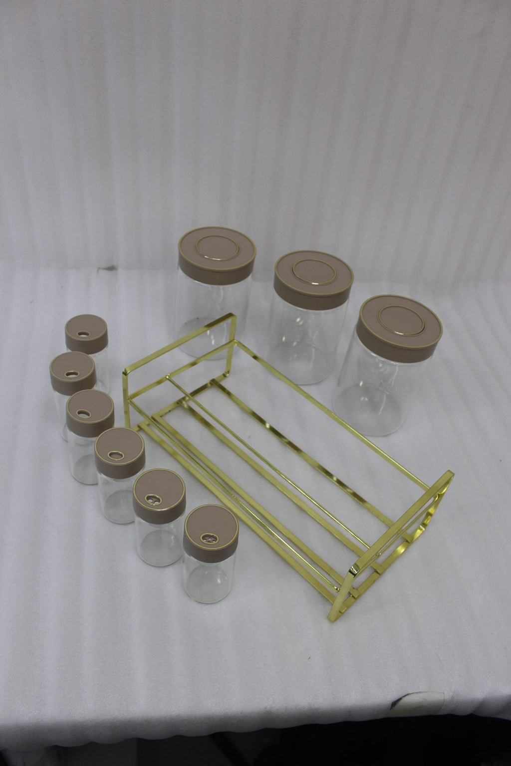 Glass Spice Jar Set with Gold Metal Rack and Brown Lids