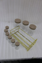 Glass Spice Jar Set with Gold Metal Rack and Brown Lids