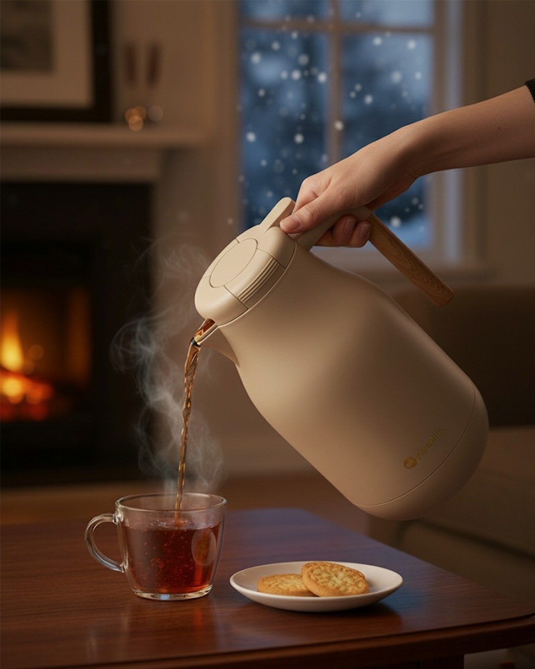 Feenik 2L Premium Vacuum Flask – Glass-Lined Thermal Carafe with Wood-Style Handle & Push-Button Pour for Tea & Coffee (2 Litre)