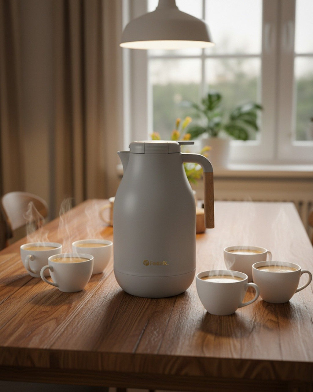 Feenik 2L Premium Vacuum Flask – Glass-Lined Thermal Carafe with Wood-Style Handle & Push-Button Pour for Tea & Coffee (2 Litre)