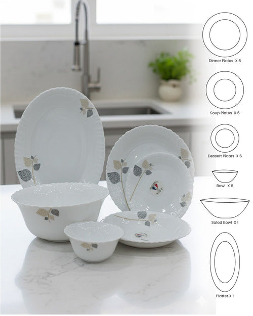 26-Piece Opalware Dinner Set – Elegant Leaf Design | Microwave & Dishwasher Safe