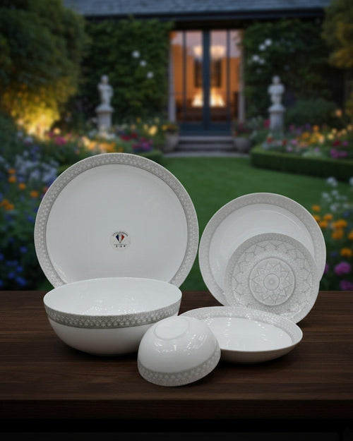 26-Piece Opalware Dinner Set with Elegant Grey Geometric Border