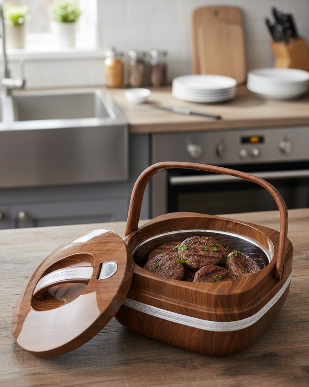Premium Wooden Finish Hot Pot with Handle – Stylish &amp; Portable Casserole