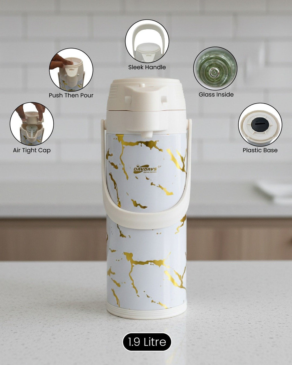Luxury Marble Series Airpot Thermos – 1.9 Liter Vacuum Flask with Glass Liner & Pump Action (White, Grey, Coffee)