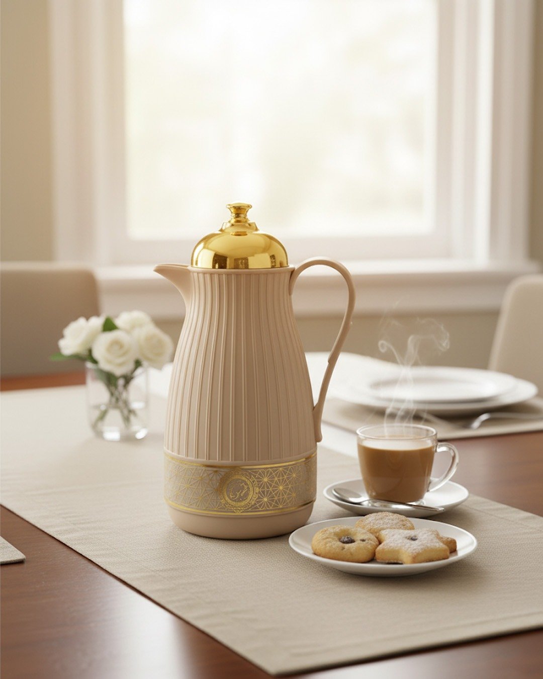 Premium 1-Liter Vacuum Thermos Flask with Glass Liner & Gold Accents – (Available in Dark Grey, Grey, White)